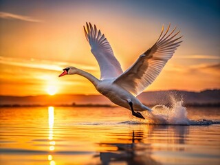 Fototapeta premium Majestic White Swan in Flight Silhouette, Elegant Bird Soaring Over Water at Sunset