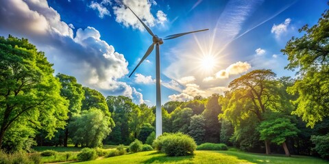 Majestic Wind Turbine in a Tranquil Park - Green Energy & Nature Stock Photo