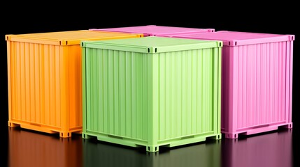 Four colorful shipping containers, orange, green, pink,  positioned on a reflective surface against a black background