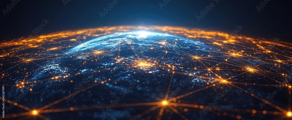 Poster abstract globe of interconnected dots and lines representing digital network with blue and orange hu