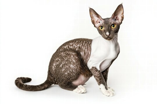 a cornish rex cat isolated on a white background, ultra-realistic, real photo