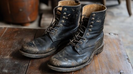 Vintage Worn Leather Boots on Wooden Surface
