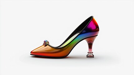 A vibrant, rainbow-hued high heel.  A stylish, colorful shoe