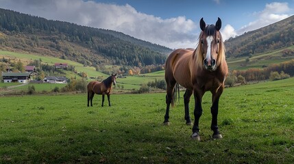 Obraz premium Two horses stand in a meadow beside a valley.