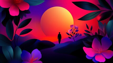 Person stands looking towards a large setting sun among colorful exotic flowers and foliage.