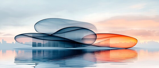 Abstract architectural structure over water at sunrise