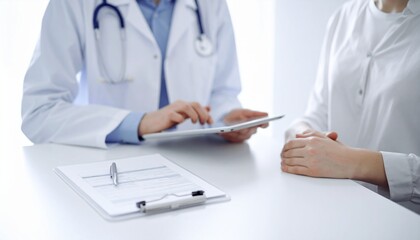 A healthcare professional discusses patient information using a tablet while another individual listens attentively in a clinical setting