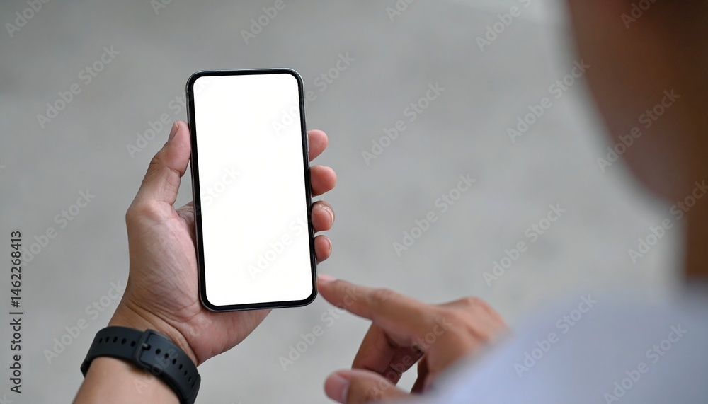 Poster a person holds a smartphone with a blank screen, pointing at it, suggesting interaction and technolo