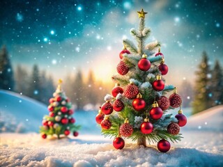 Obraz premium Miniature Christmas Tree, Red Ornaments, Snowy Winter Wonderland, Festive Holiday Scene