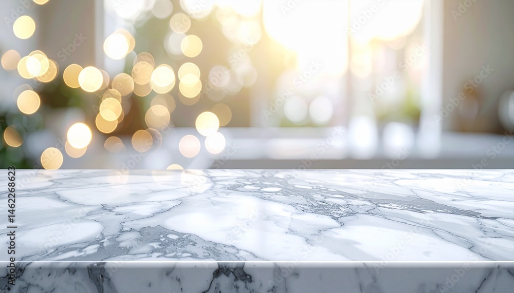 Poster a marble countertop glistens in soft light, with a blurred background of warm bokeh, creating a sere