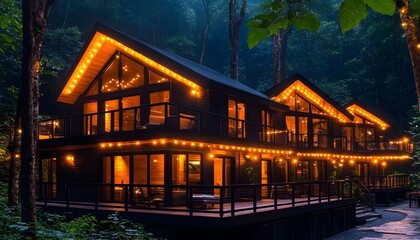 Fototapeta premium Illuminated forest cabins with expansive decks, large windows, and warm lighting