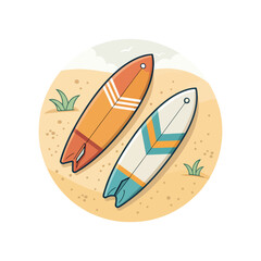 Two colorful surfboards are standing upright on the sand, ready for a day of surfing, with a transparent background