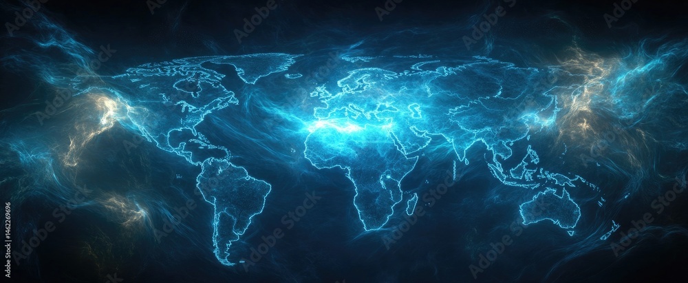 Poster abstract glowing world map with blue light network connection over dark background representing glob