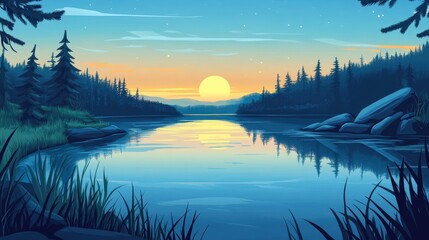 Fototapeta premium Serene lake landscape at sunrise, illustrated in style.