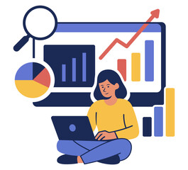 vector illustration depicts scenes of individuals analyzing data with charts and graphs, using laptops, and explaining marketing concepts. Facial expressions show focus and enthusiasm
