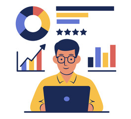 vector illustration depicts scenes of individuals analyzing data with charts and graphs, using laptops, and explaining marketing concepts. Facial expressions show focus and enthusiasm