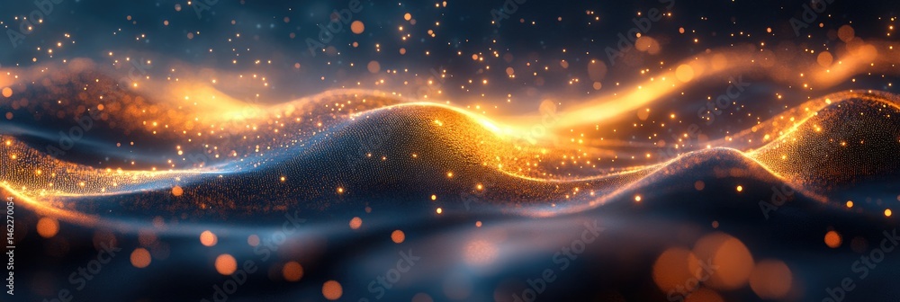 Poster abstract golden waves and blue depth with sparkling particles creating a dynamic and visually captiv