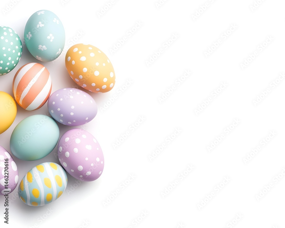 Poster pastel easter eggs with various patterns arranged on a white background, leaving ample copy space