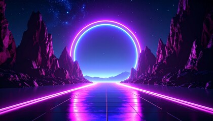 A vibrant, futuristic landscape featuring glowing neon elements and a circular light phenomenon amidst dramatic mountains