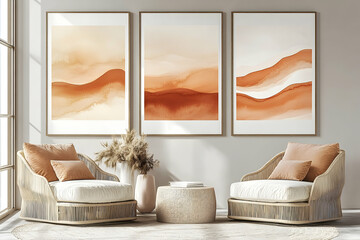 Three abstract art pieces depicting earthy tones.