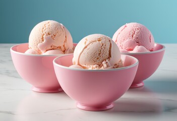 Three bowls of ice cream with pink toppings on a marble counter