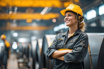 Woman Worker in Factory Wearing Hard Hat