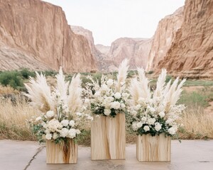 Elegant floral arrangements in natural wood boxes outdoors.