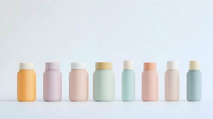 Collection of pastel-colored bottles arranged in a row showcasing modern packaging design and minimalist aesthetics