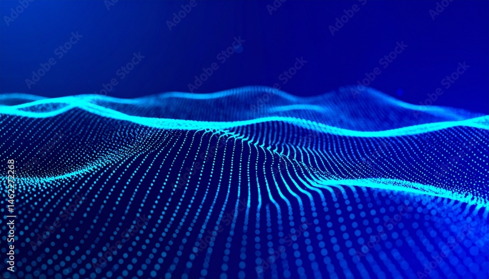 Poster abstract digital waves with glowing blue lines create a mesmerizing visual effect, resembling a futu