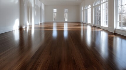 Obraz premium Polished hardwood floors in a spacious interior. Sunlight streams through large windows, reflecting on the gleaming, dark-toned wood