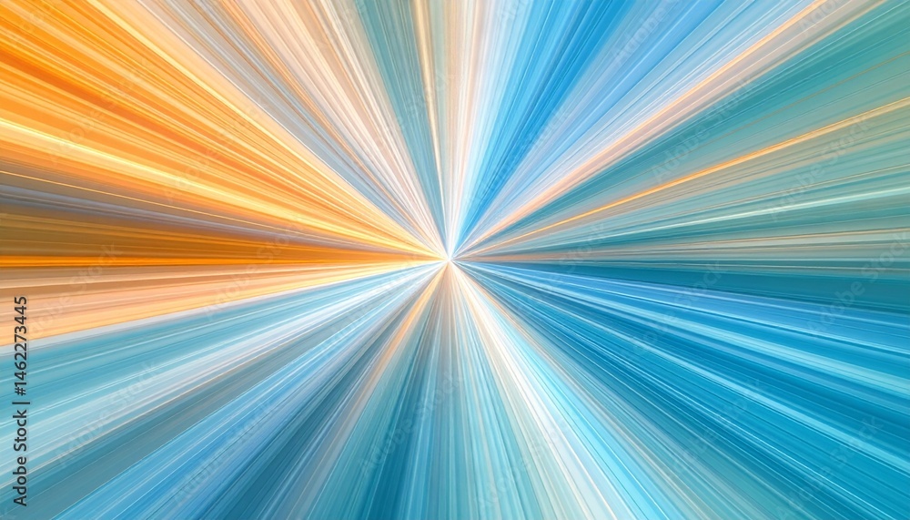 Poster vibrant abstract rays of light radiate from a central point, blending orange and blue hues, creating