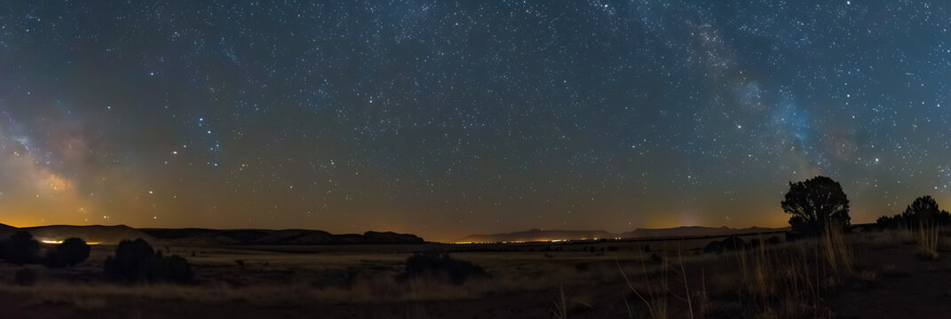 Panoramic night sky filled with stars and the Milky Way arching over a dark landscape silhouette. Astronomy, nature, tranquil.
