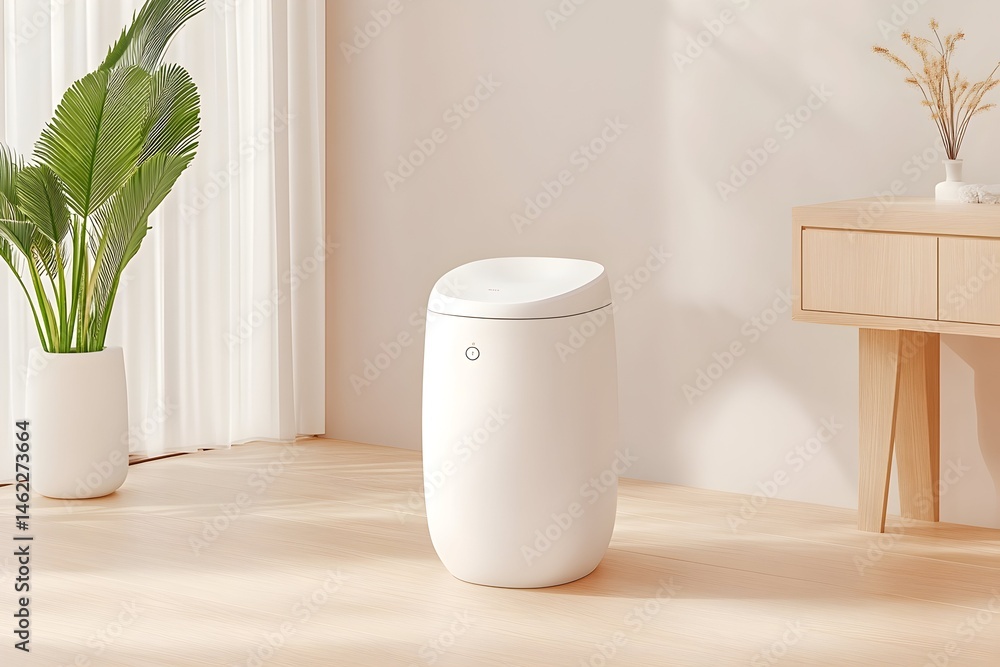 Poster sleek white automated waste disposal unit in minimalist setting