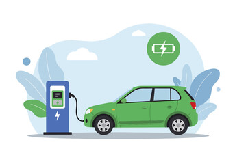 Adobe Illustrator Artwork Eco-friendly vector flat illustration of a green electric car charging at a station in a park. Symbolizes sustainable transportation, ecology, and a clean environment