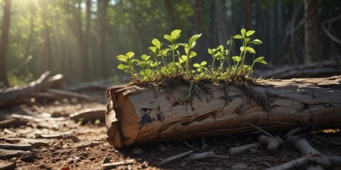 Fototapeta premium New sapling sprouts from decaying log, sunlight dappled, stump, regeneration