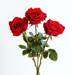 Fototapeta premium A Stunning Arrangement of Three Fresh Red Roses with Lush Green Leaves on a Bright Background for Perfect Floral Composition