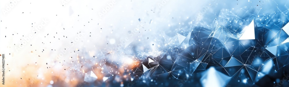 Poster abstract polygonal space with sparkling particles in blue and orange tones for futuristic dynamic de