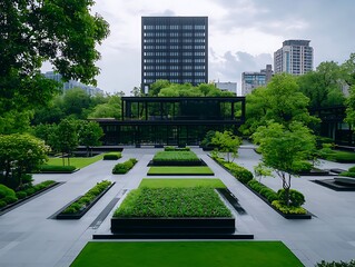 Modern courtyard with lush greenery and black architecture