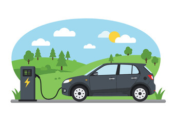 Adobe Illustrator Artwork Eco-friendly vector flat illustration of a green electric car charging at a station in a park. Symbolizes sustainable transportation, ecology, and a clean environment