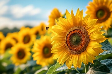 Obraz premium Stunning Sunflower Field with a Busy Bee
