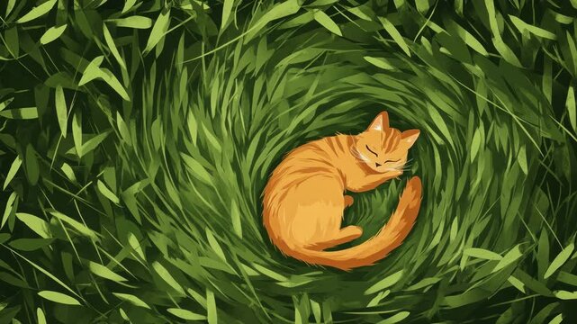 Top-down video style of a sleeping orange cat nestled in swirling green grass, creating a peaceful, nature-inspired scene with a whimsical touch. Live desktop wallpaper.