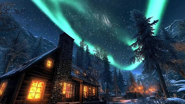Cozy cabin illuminated under the mesmerizing aurora borealis in winter landscape