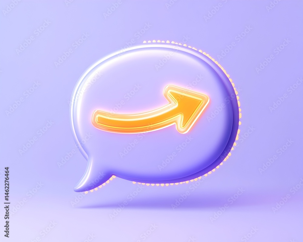 Poster a 3d rendered speech bubble with a glowing orange arrow pointing upwards and to the right, suggestin