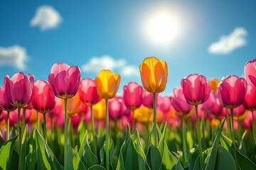 Vibrant Tulips in a Sunny Spring Field