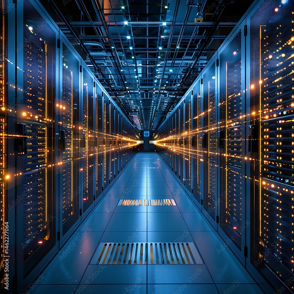 Poster corridor of server racks in a data center, illuminated by glowing blue and orange lights, symbolizin