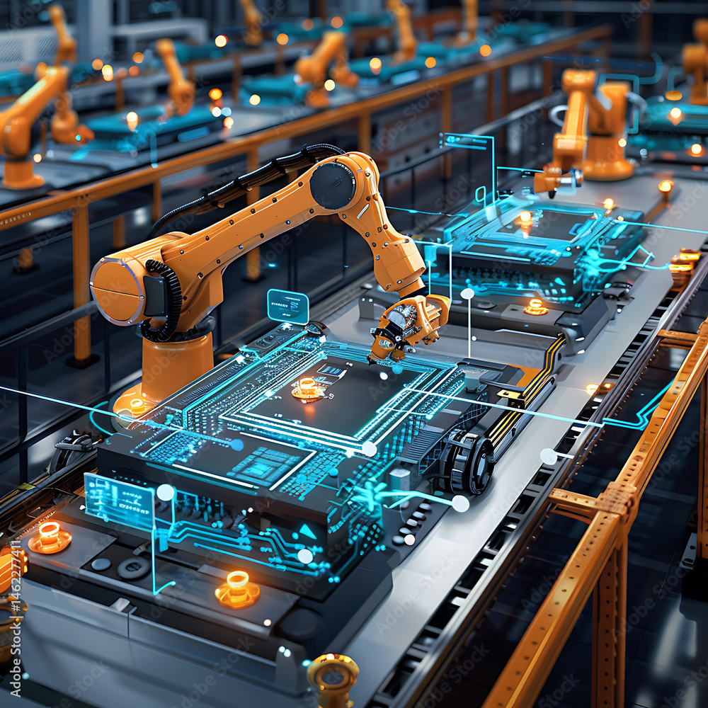 Poster robotic arms assembling circuit boards on an automated production line with glowing blue digital int