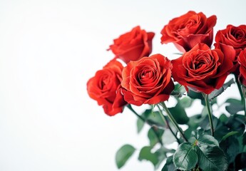 Beautiful Arrangement of Fresh Red Roses with Green Leaves on a Light Background Ideal for Celebrations, Weddings, or Romantic Occasions