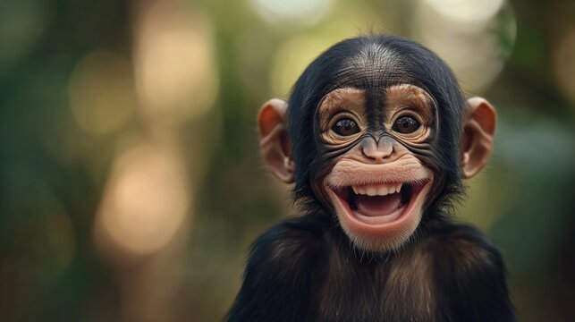 Adorable baby chimpanzee with a joyful expression in a lush forest
