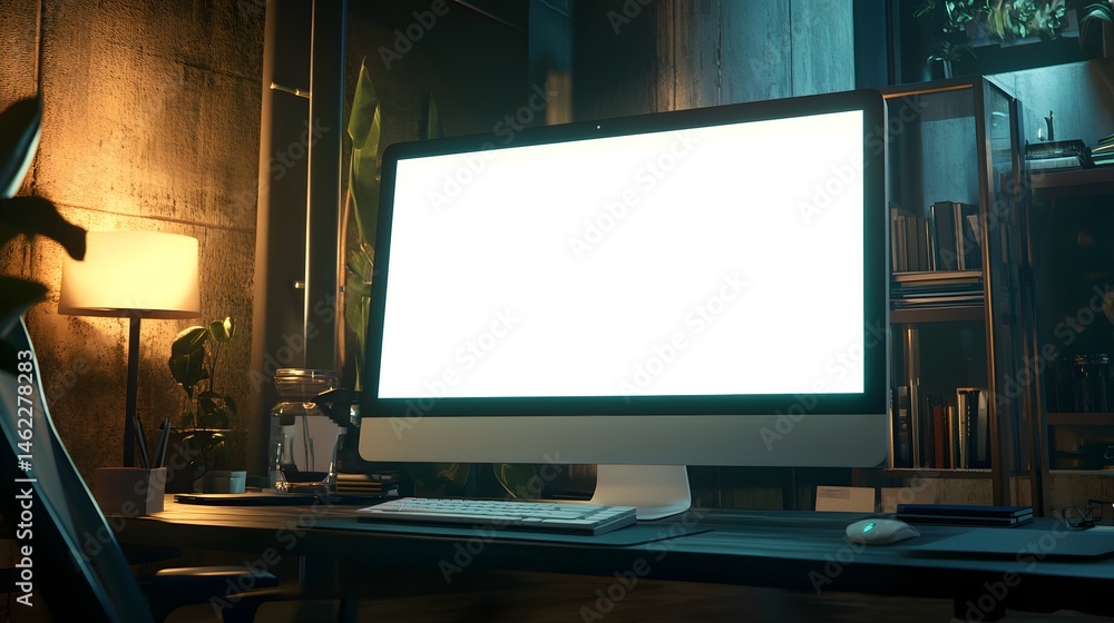Poster stylish home office setup with blank computer screen.