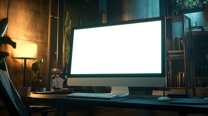 Fototapeta premium Stylish home office setup with blank computer screen.